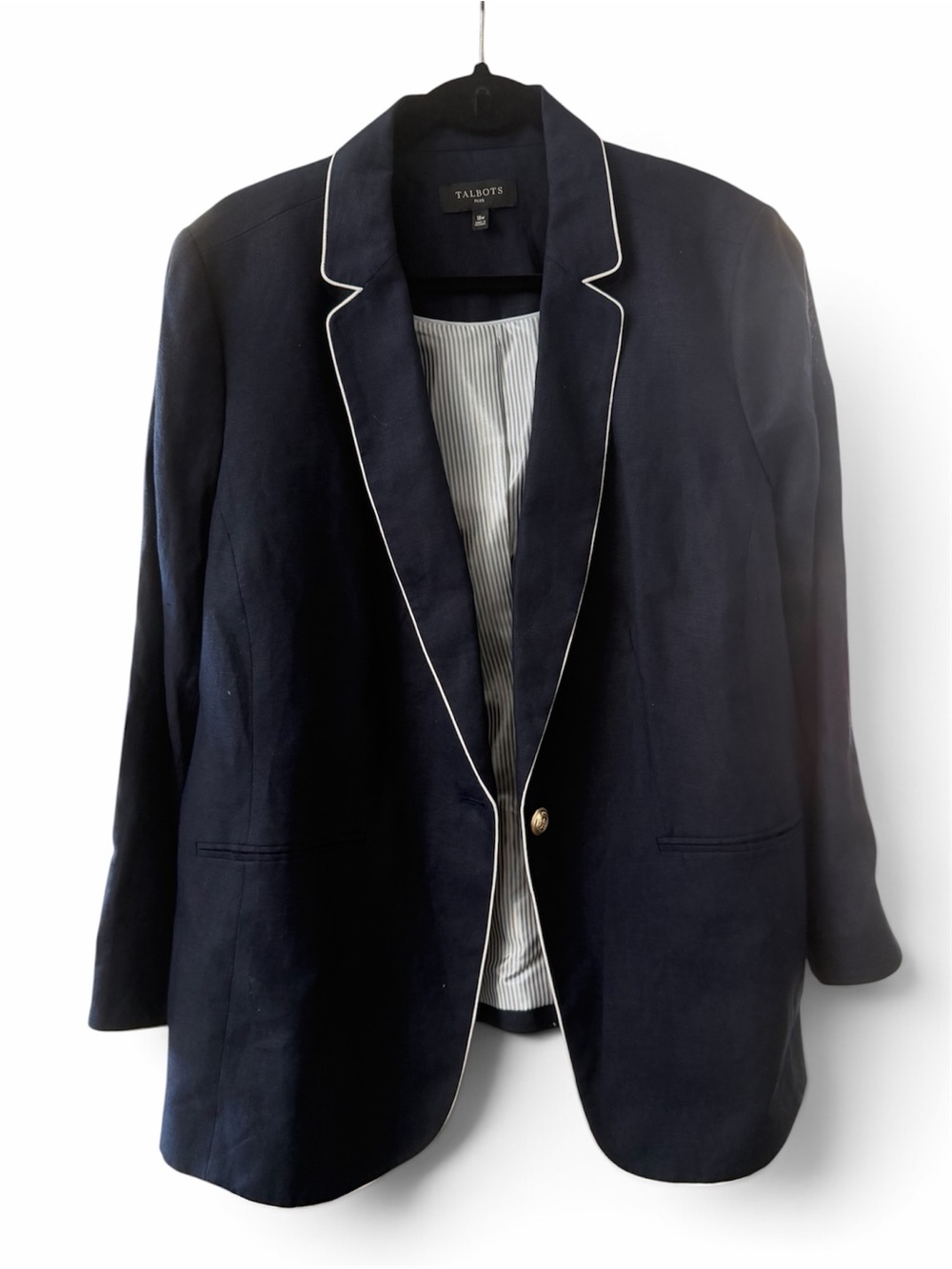 TALBOTS Navy Blue White Lined Linen Blazer Gold Accents Classic NWOT Size 18